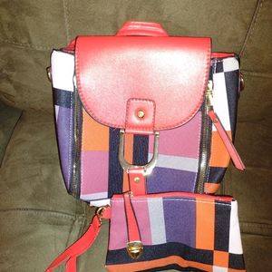 Two Piece Matching Plaid Backpack And Clutch